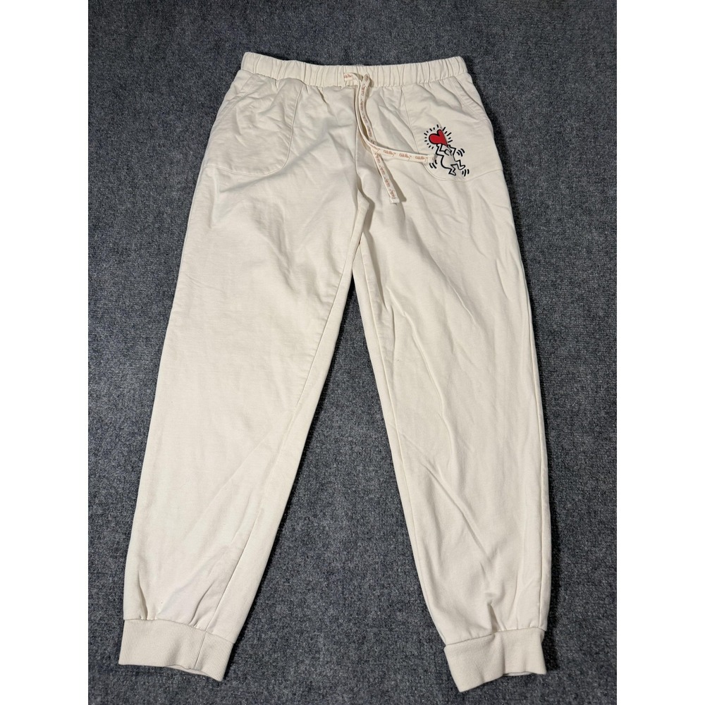 Keith Haring Pants Mens Medium White Fleece Sweatpants Graphic Heart Drawstring